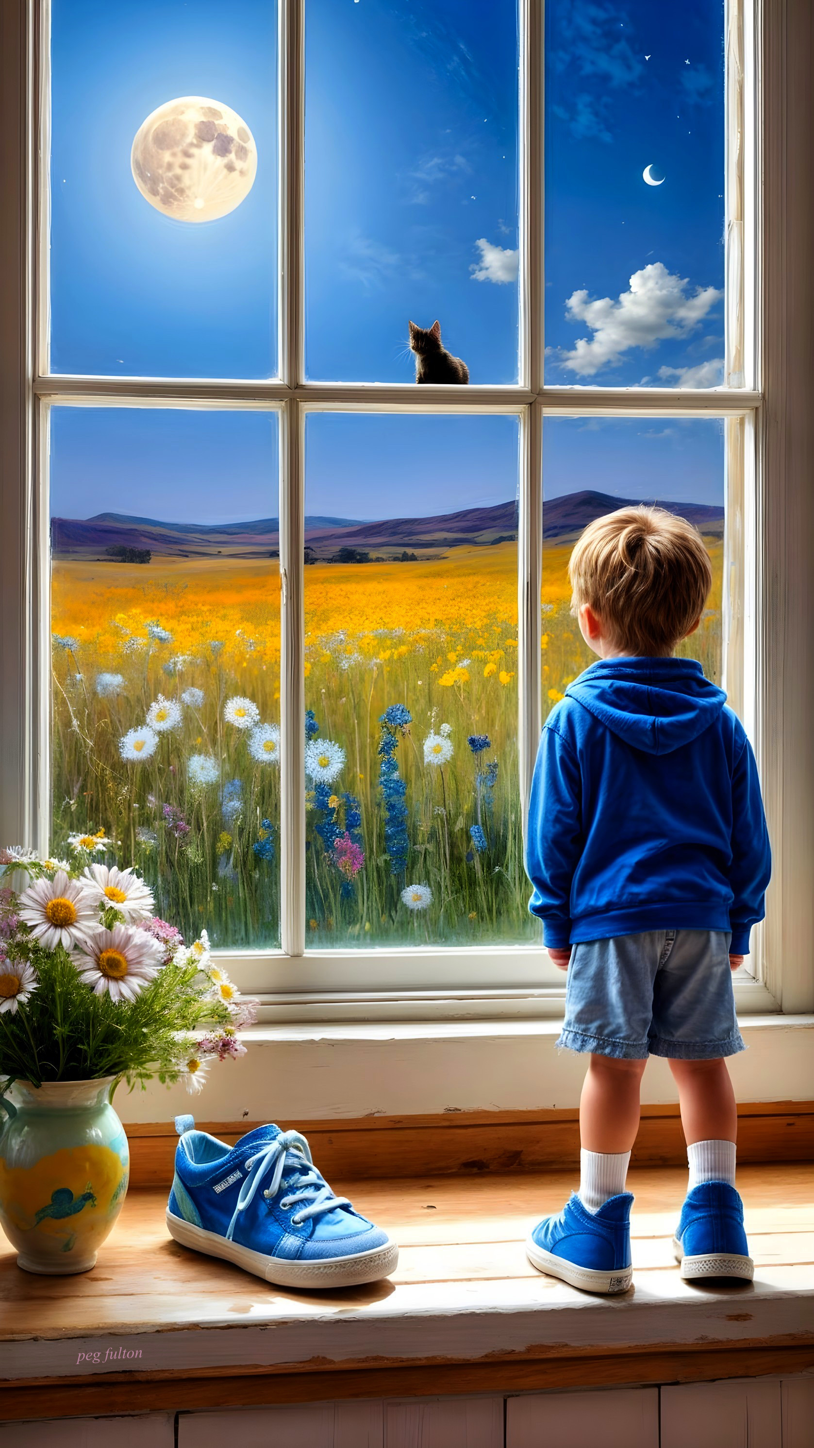 Young Boy by Window Overlooking Wildflower Field