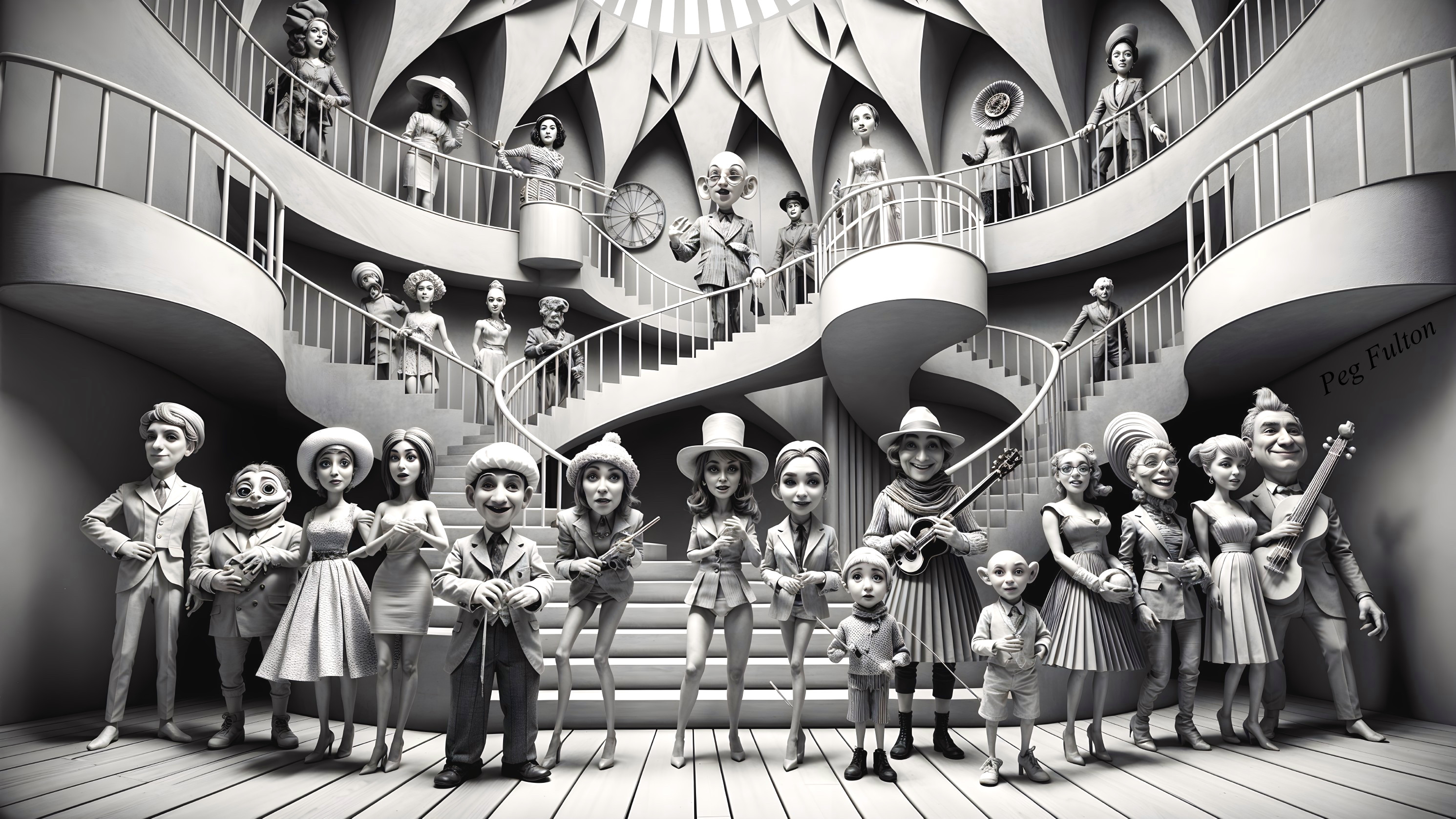 Whimsical Monochromatic Scene with Stylized Characters