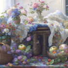 Vibrant flower oil painting on balcony with wicker basket and window background