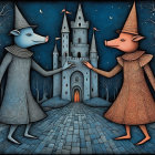 Whimsical Characters on Balcony with Castle View