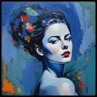 Multicolored surreal woman's face with hidden profile in hair