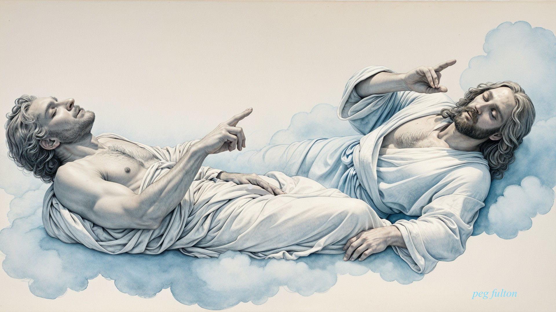 Figures in White Robes Reclining in Dreamlike Clouds