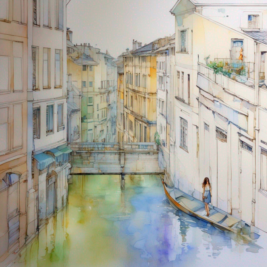 Serene canal scene with pastel buildings and reflections