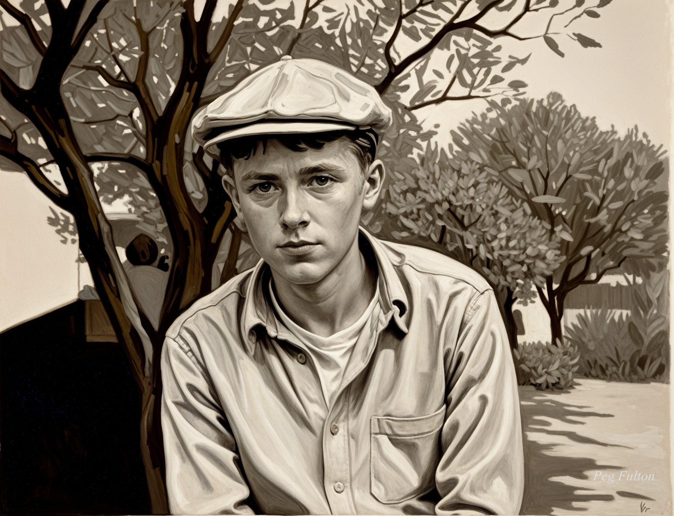 Young boy under tree in muted outdoor setting