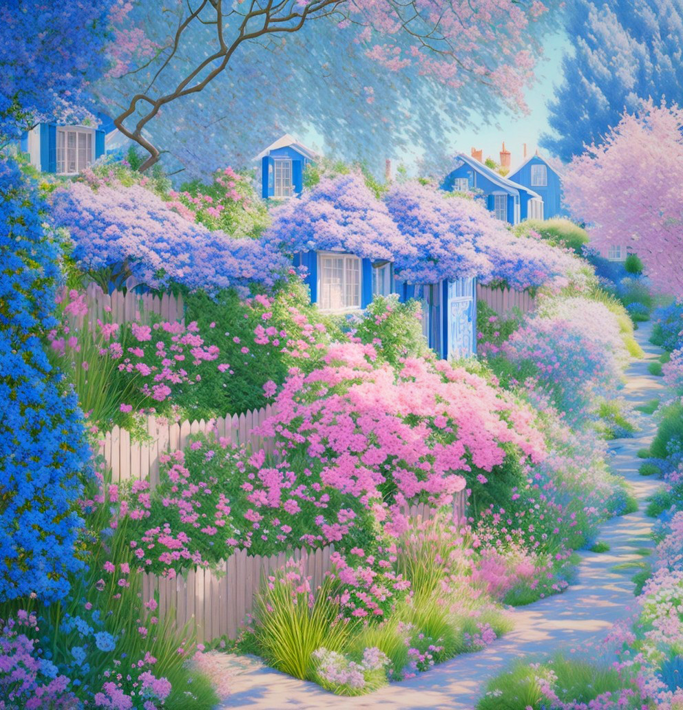 Tranquil street scene with colorful shrubs and wooden fence