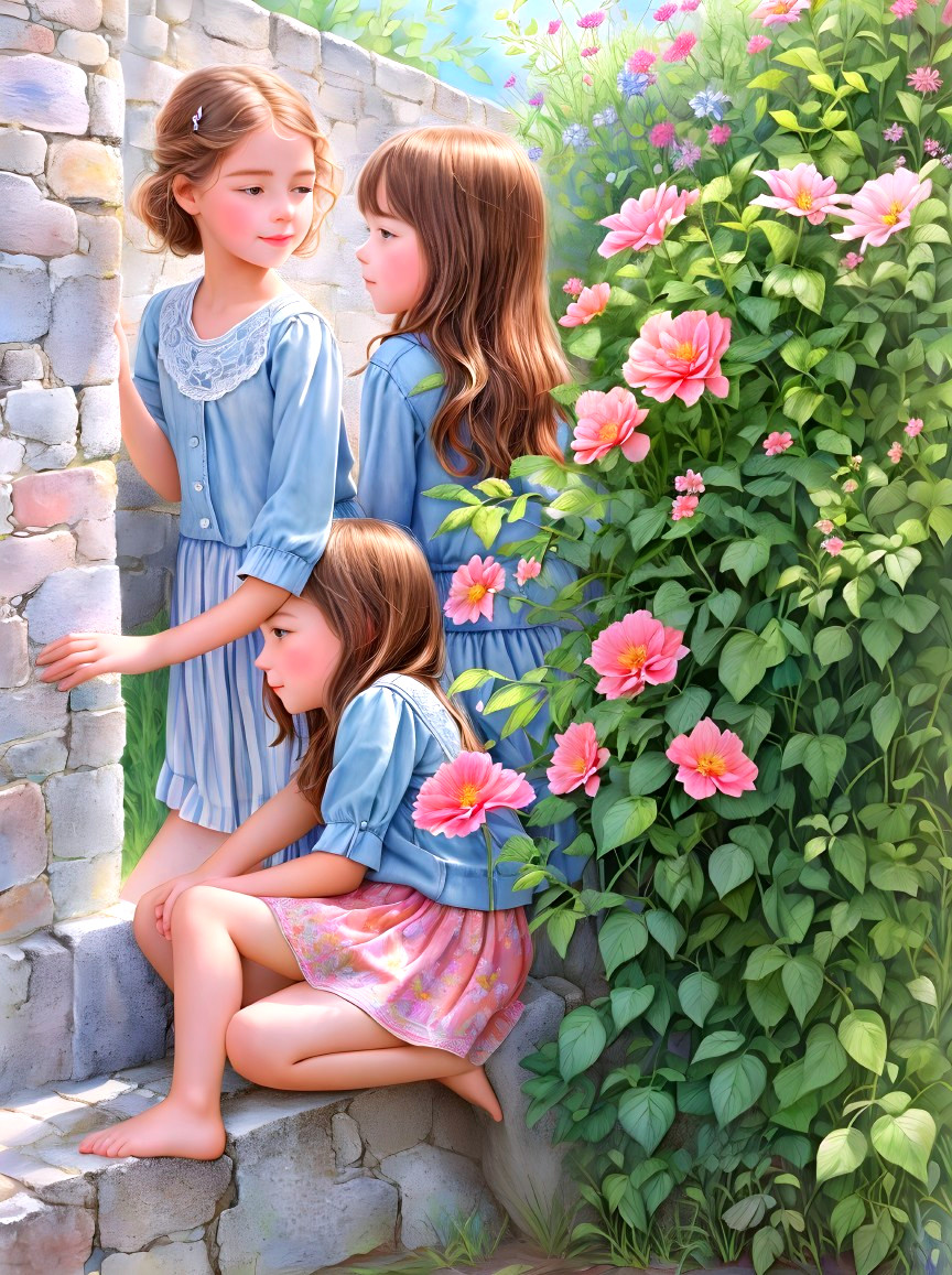 Young girls near stone wall with pink flowers
