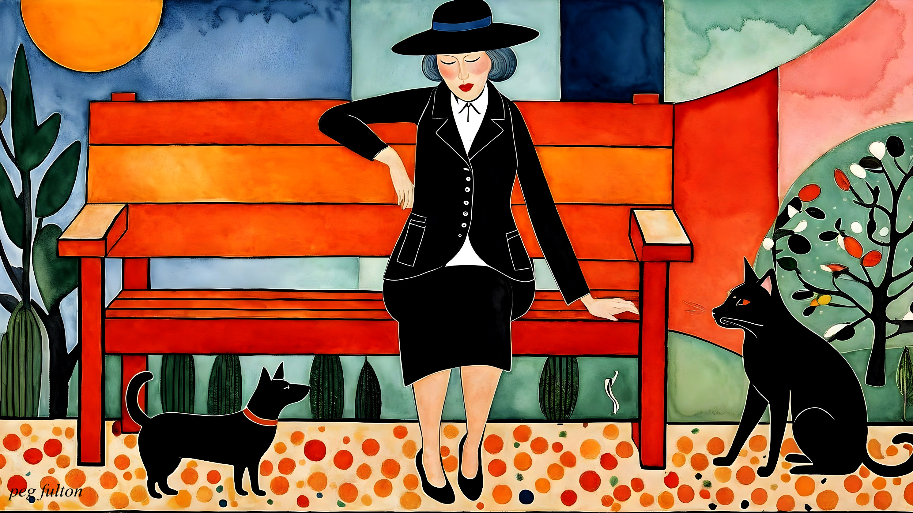 Woman in Black Dress with Cats on Orange Bench