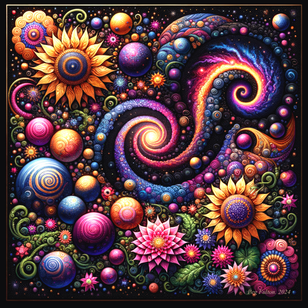 Cosmic Scene with Floral Elements and Colorful Galaxies