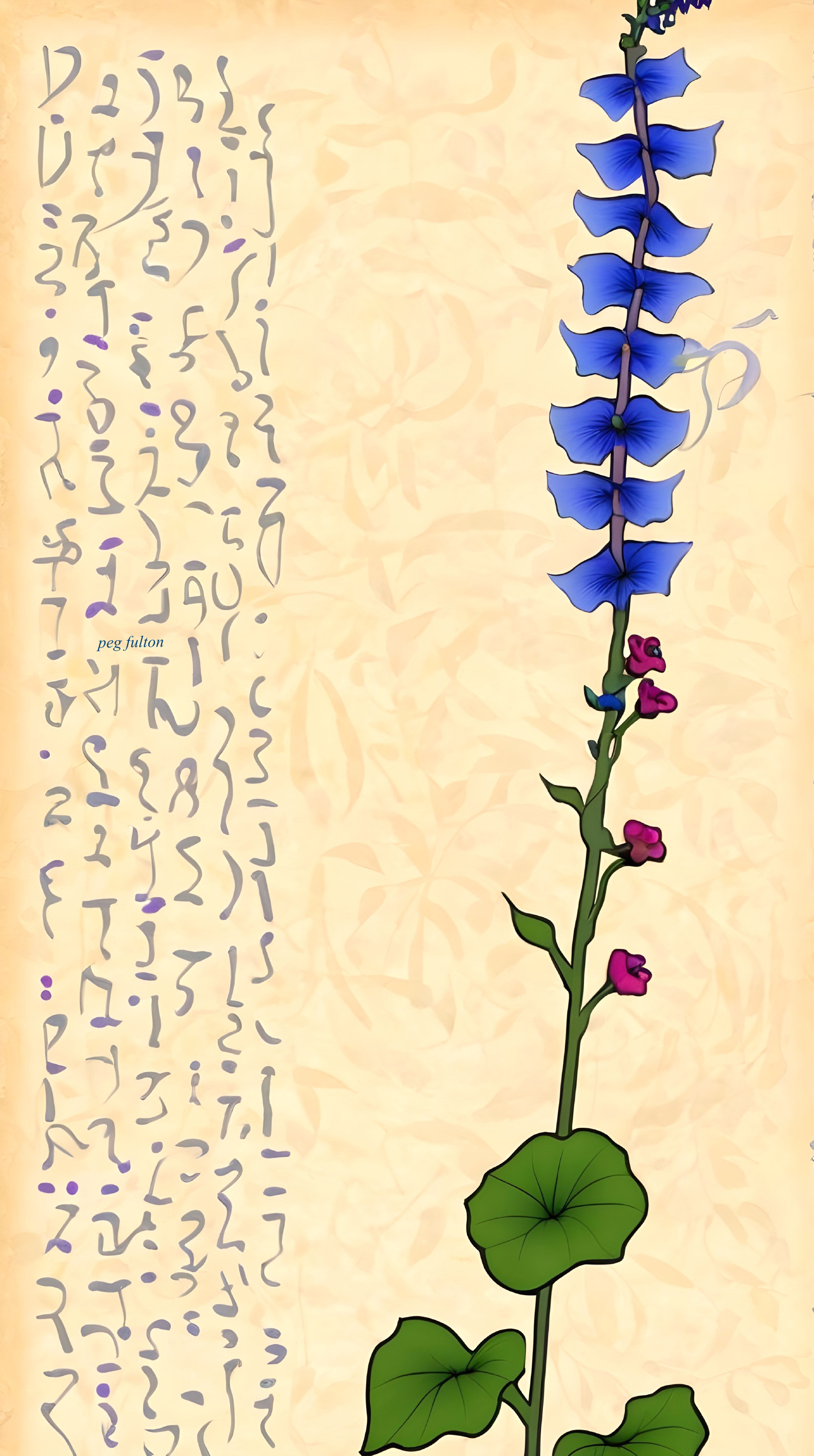 Vibrant Blue Flower with Pink Buds and Stylized Symbols