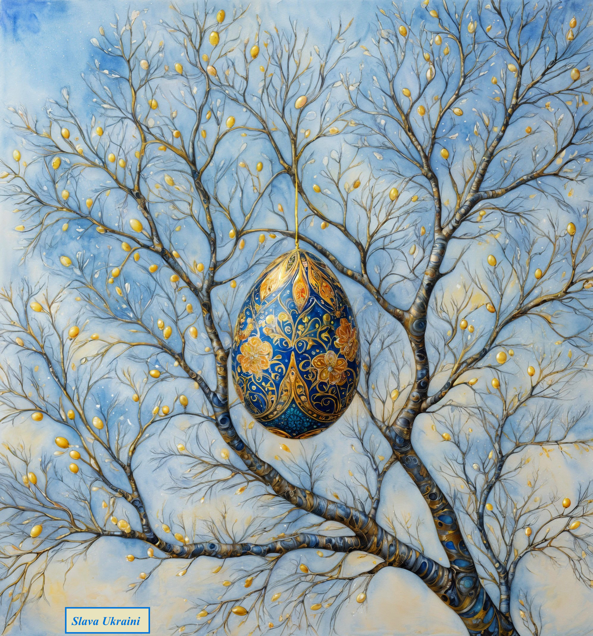 Vibrant Blue Egg with Golden Patterns on Tree Branch