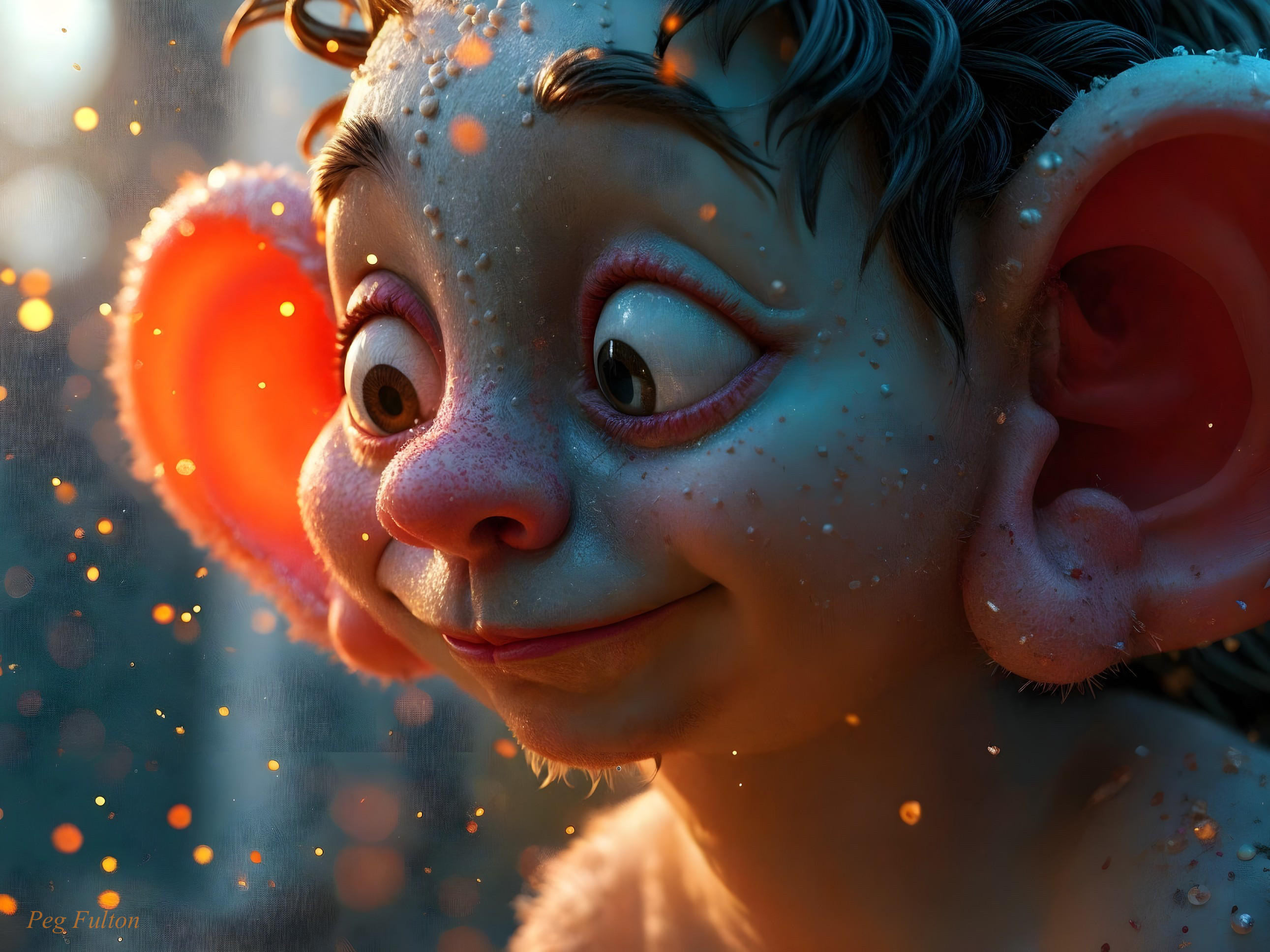 Close-Up of a Joyful Cartoon Character with Ears