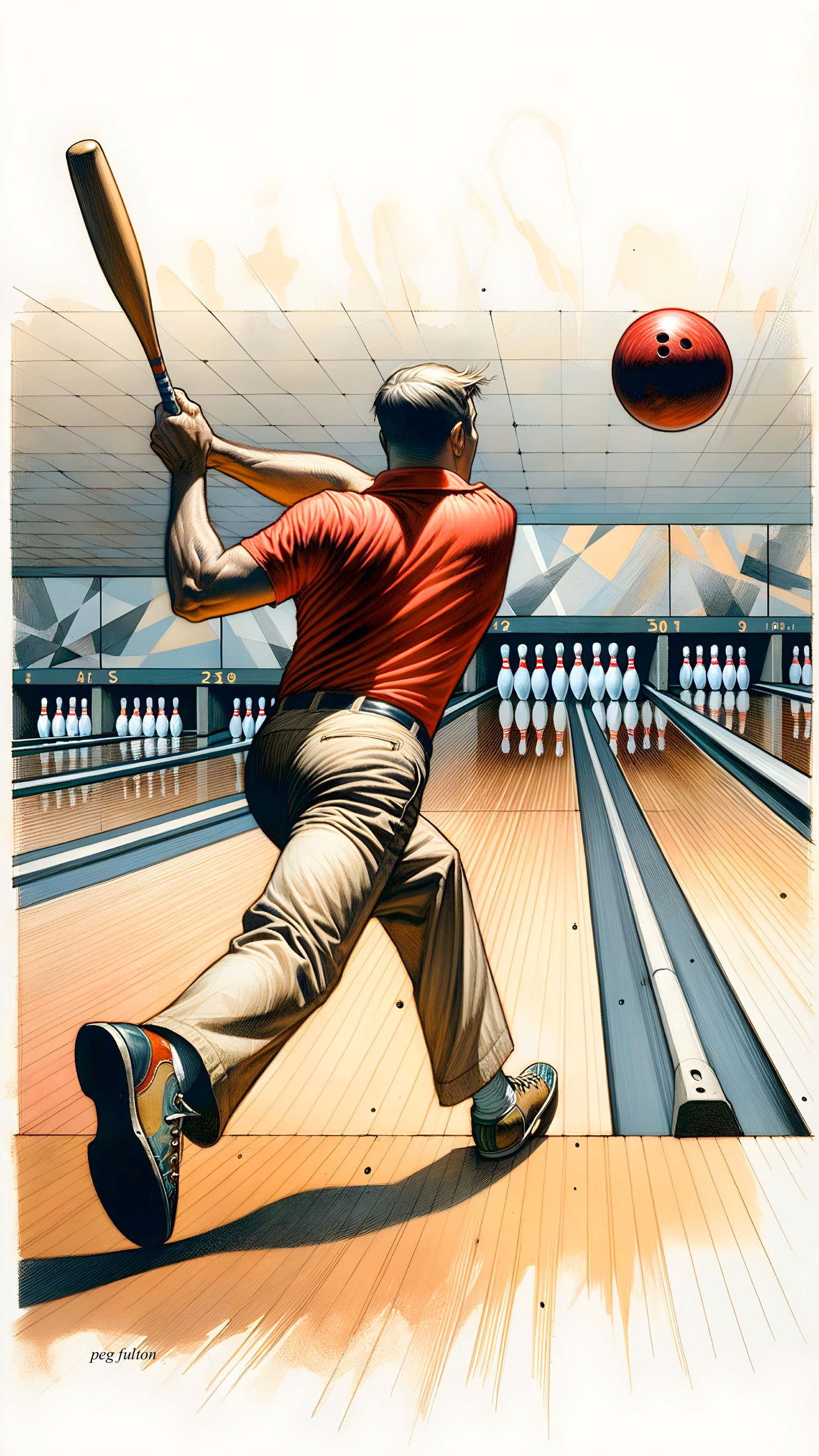 Bowler Mid-Throw in Vibrant Bowling Alley Scene