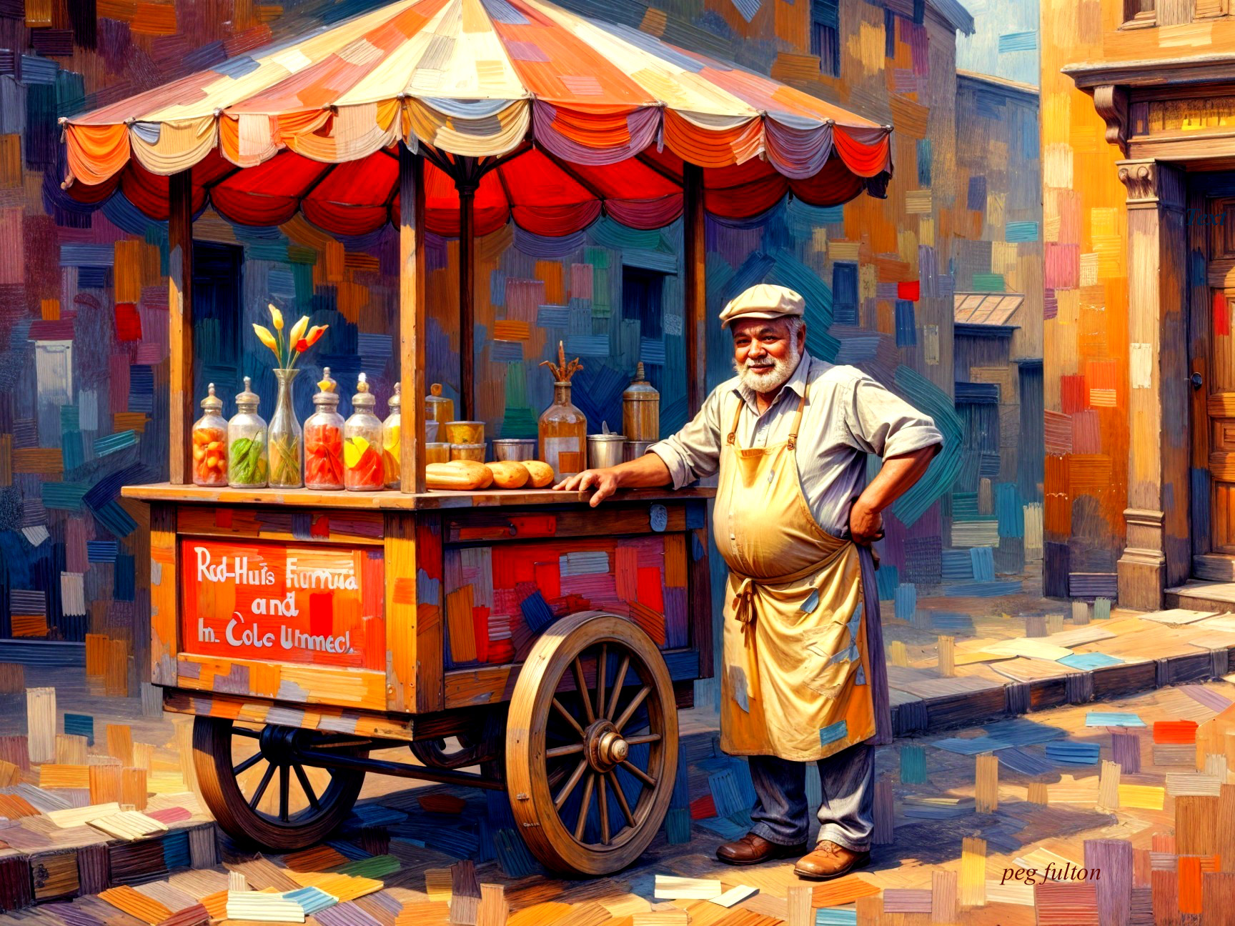 Colorful vendor cart with jars and cheerful atmosphere
