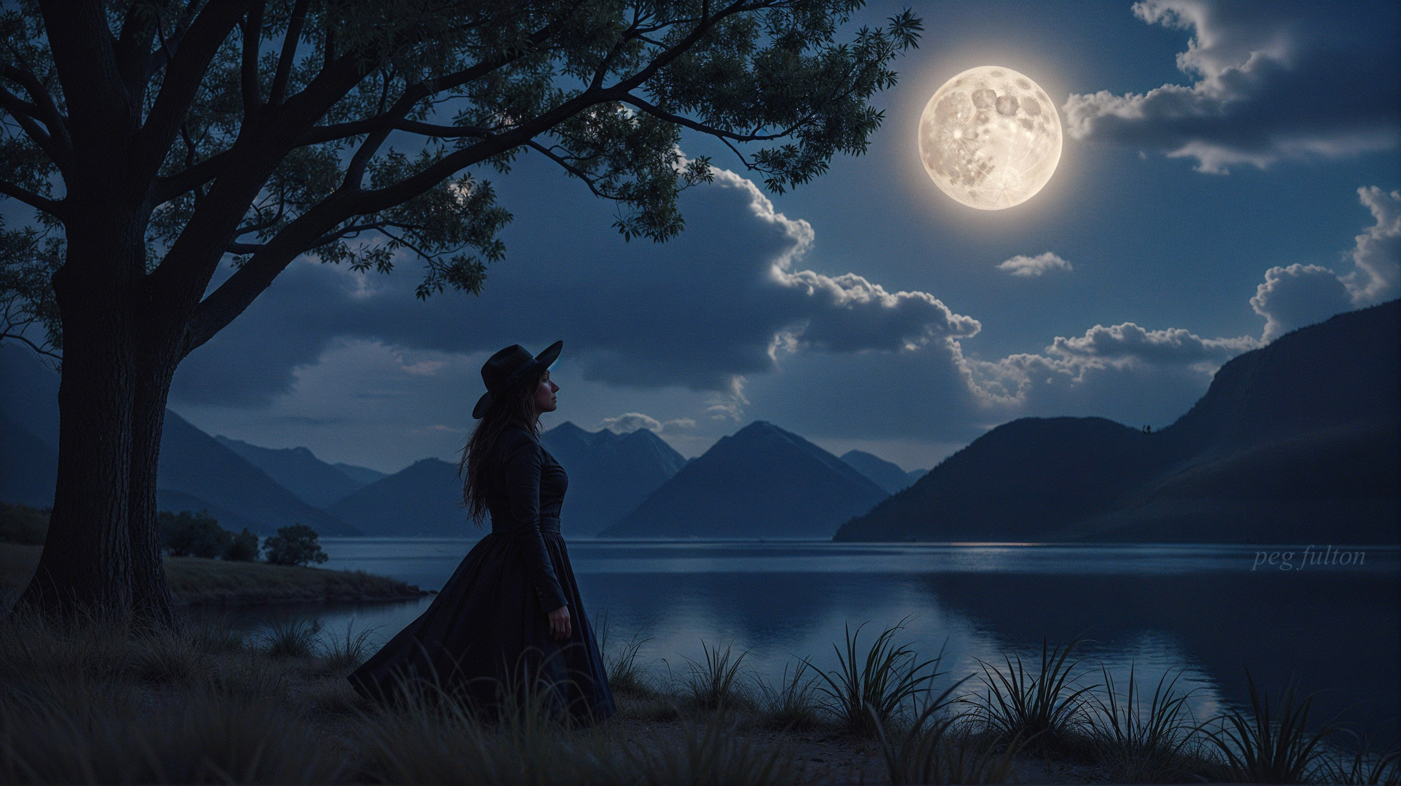 Woman in Black Dress by Tranquil Lake Under Full Moon