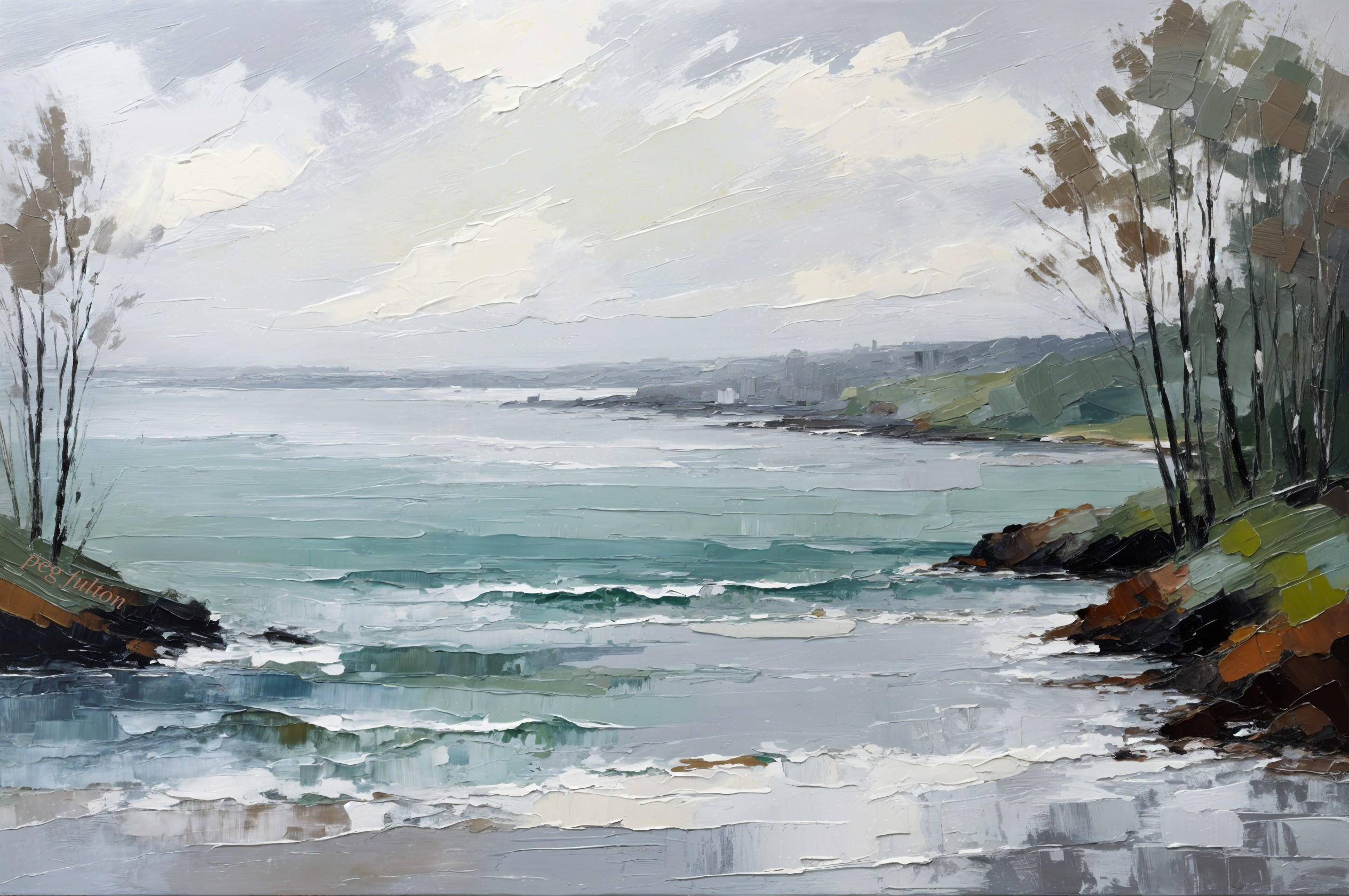 Serene Seascape with Gentle Waves and Silhouetted Trees