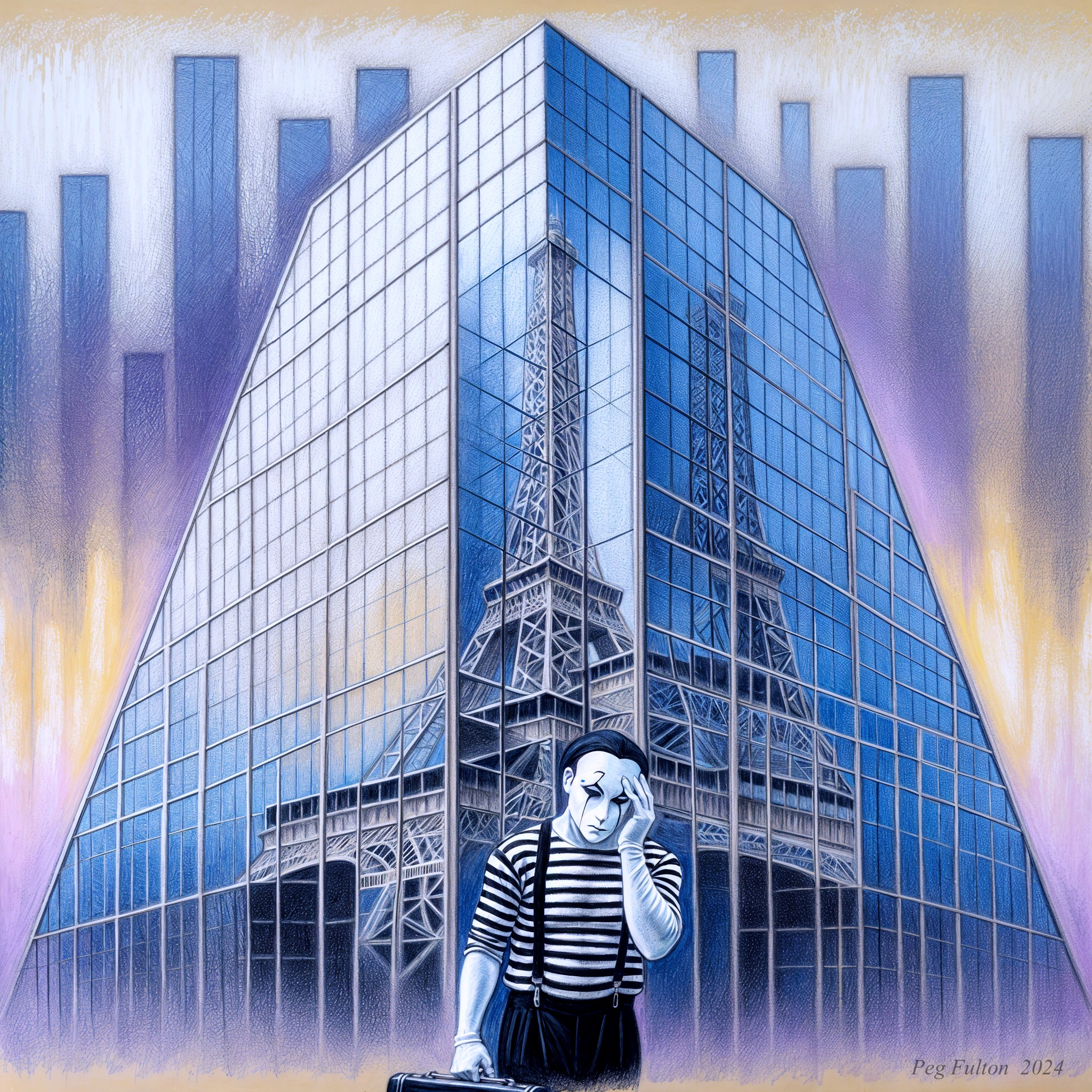 Contemplative Mime in Front of Modern Glass Building