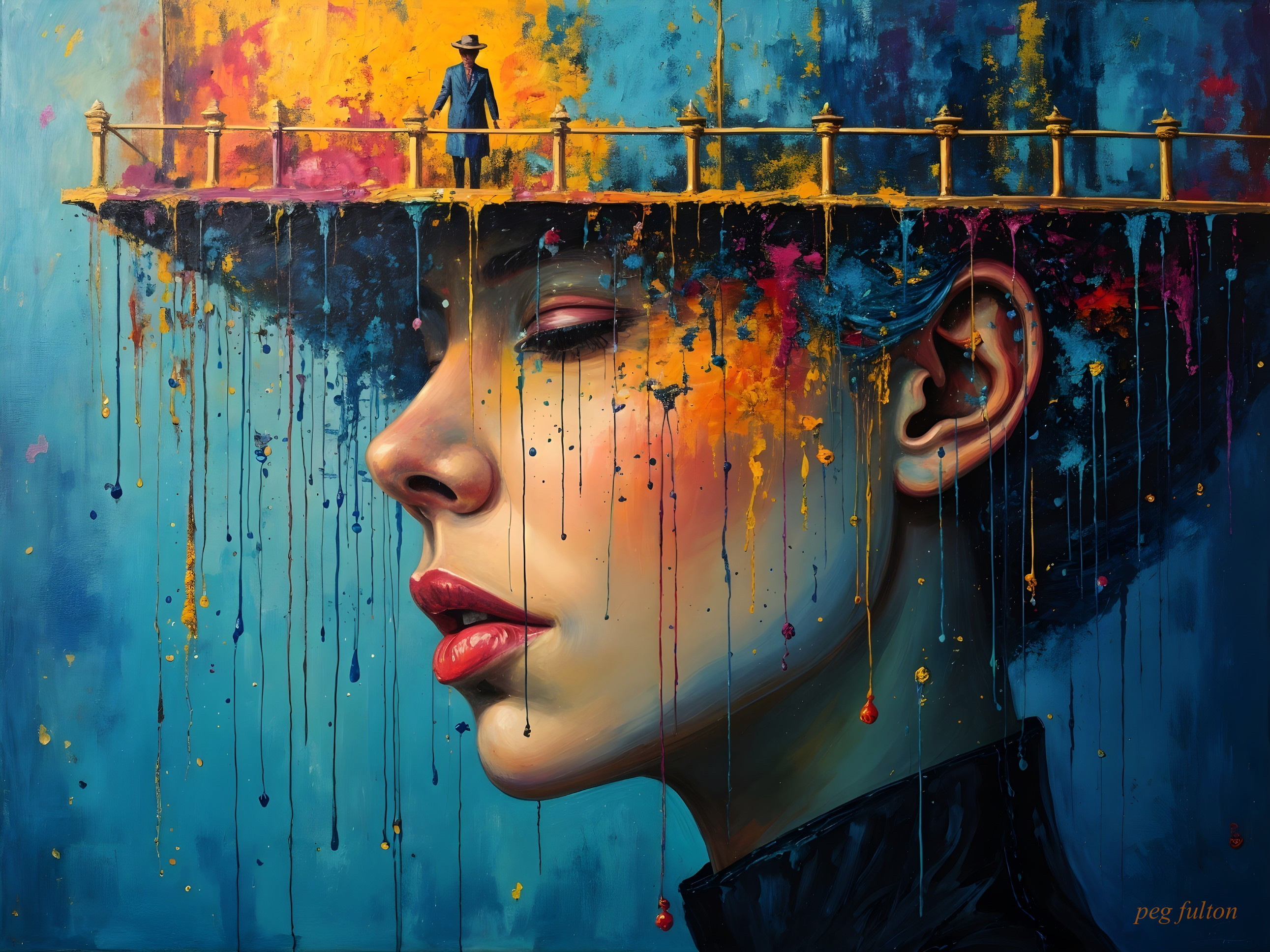 Portrait of a Woman with Colorful Dripping Hat