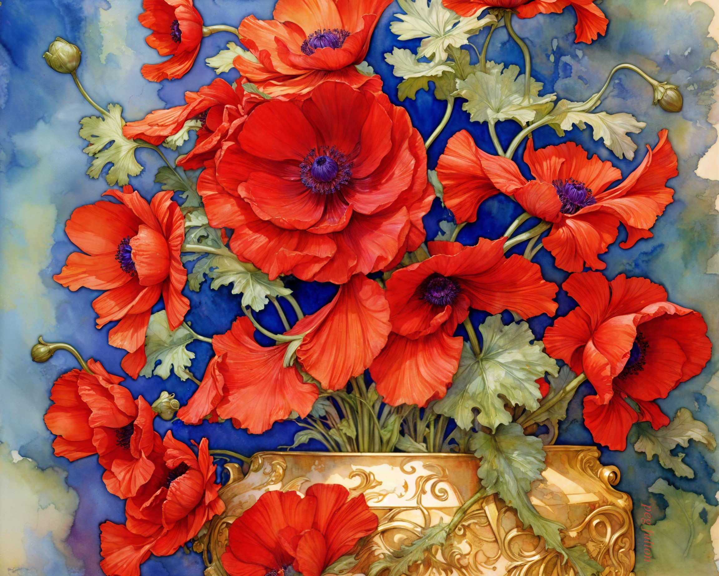 Vibrant Red Poppies in Golden Ornate Vase