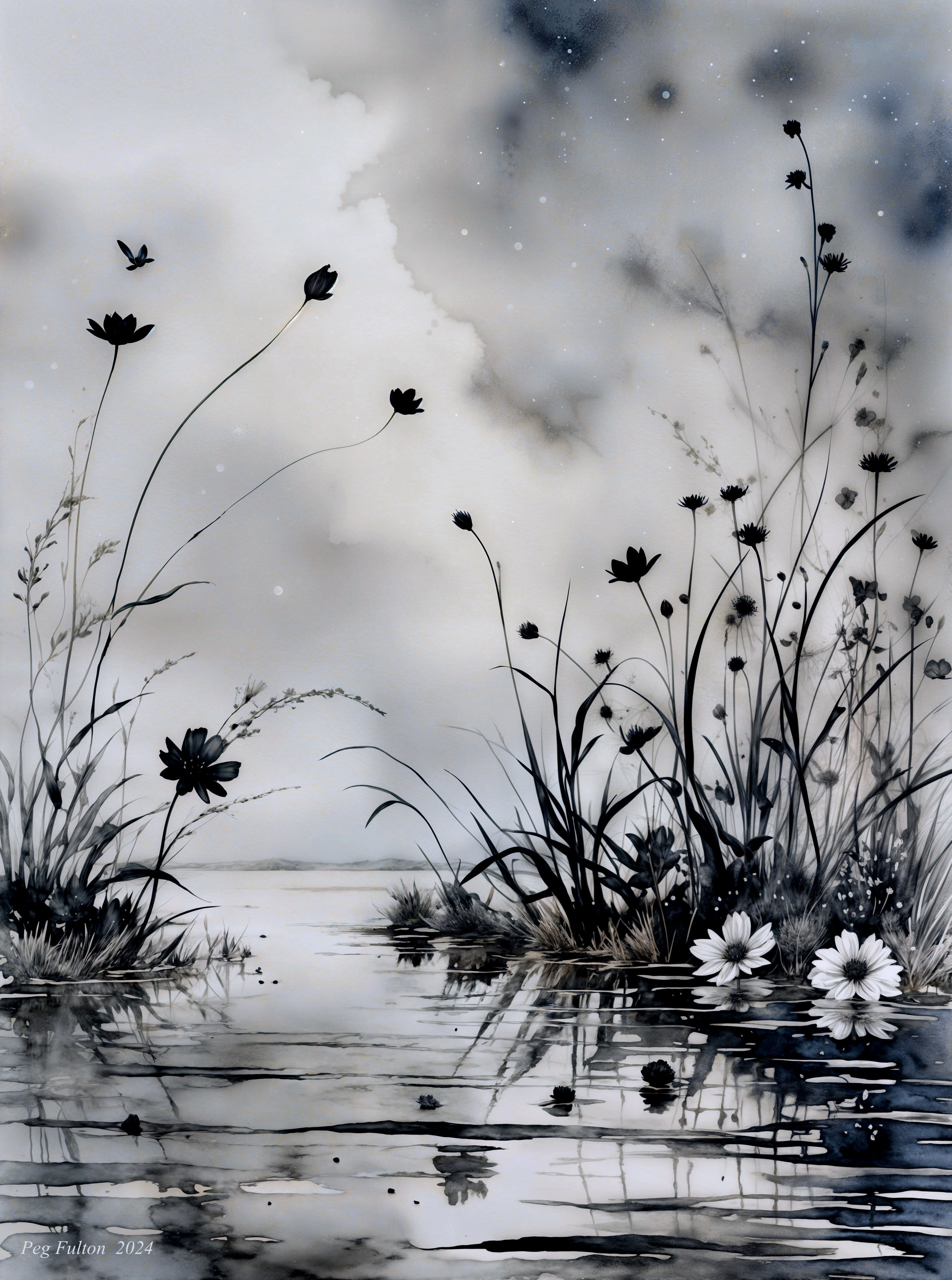 Serene Landscape with Flowers and Water Reflections