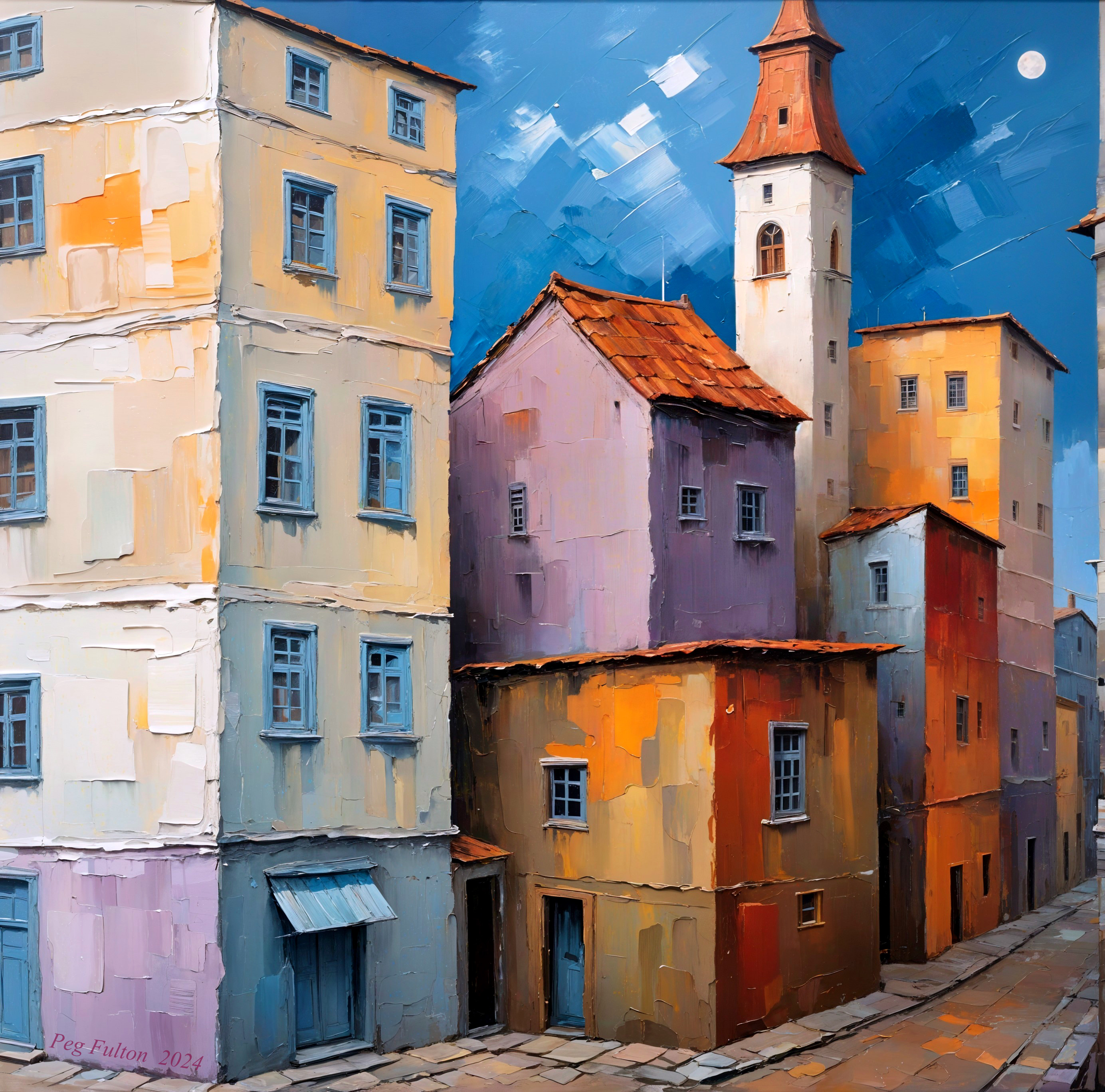 Colorful Street Scene with Unique Architecture and Moonlight