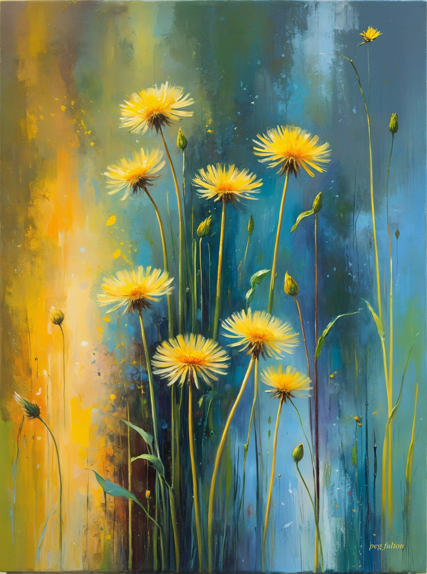 Vibrant Painting of Golden-Yellow Flowers and Garden