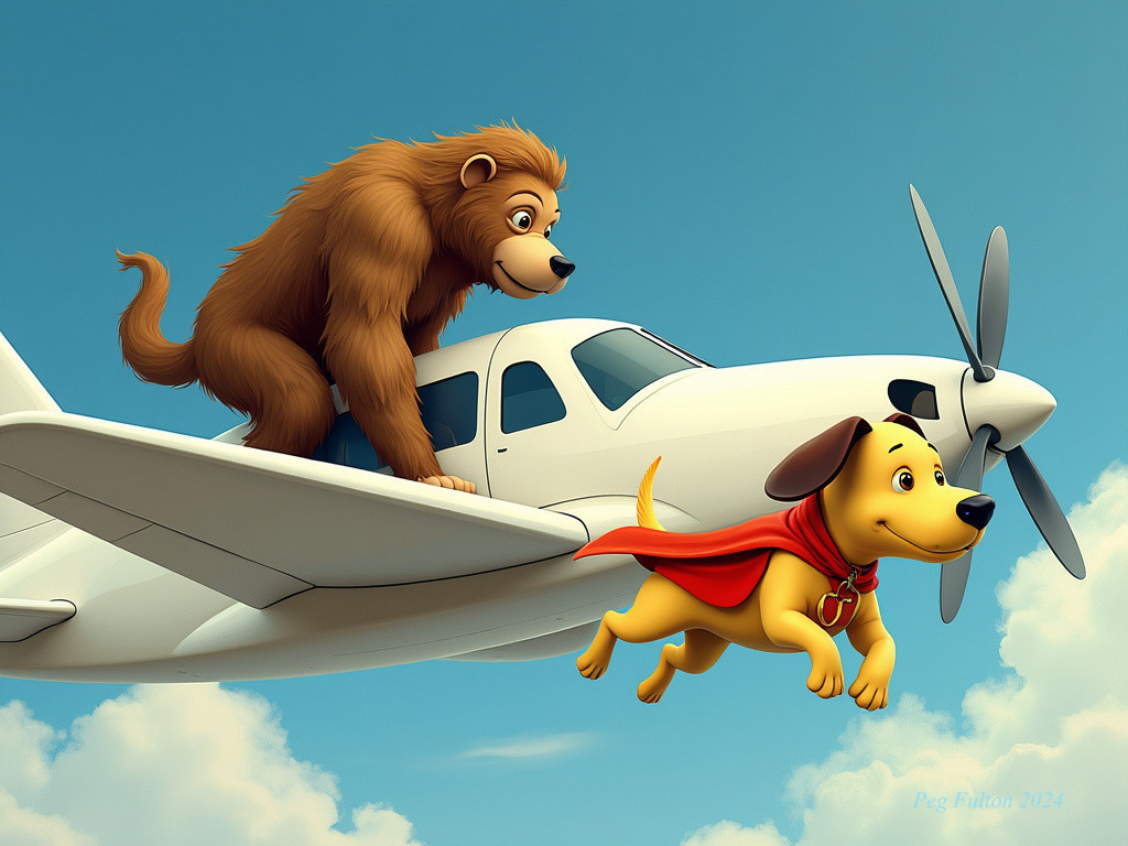 Cartoon Lion and Dog in Airplane Adventure Scene