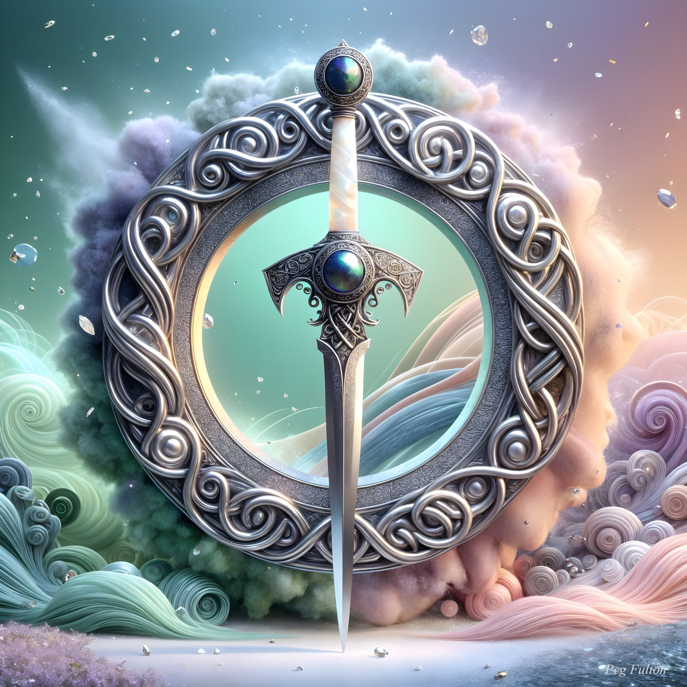 Intricate sword with Celtic knotwork and gemstones