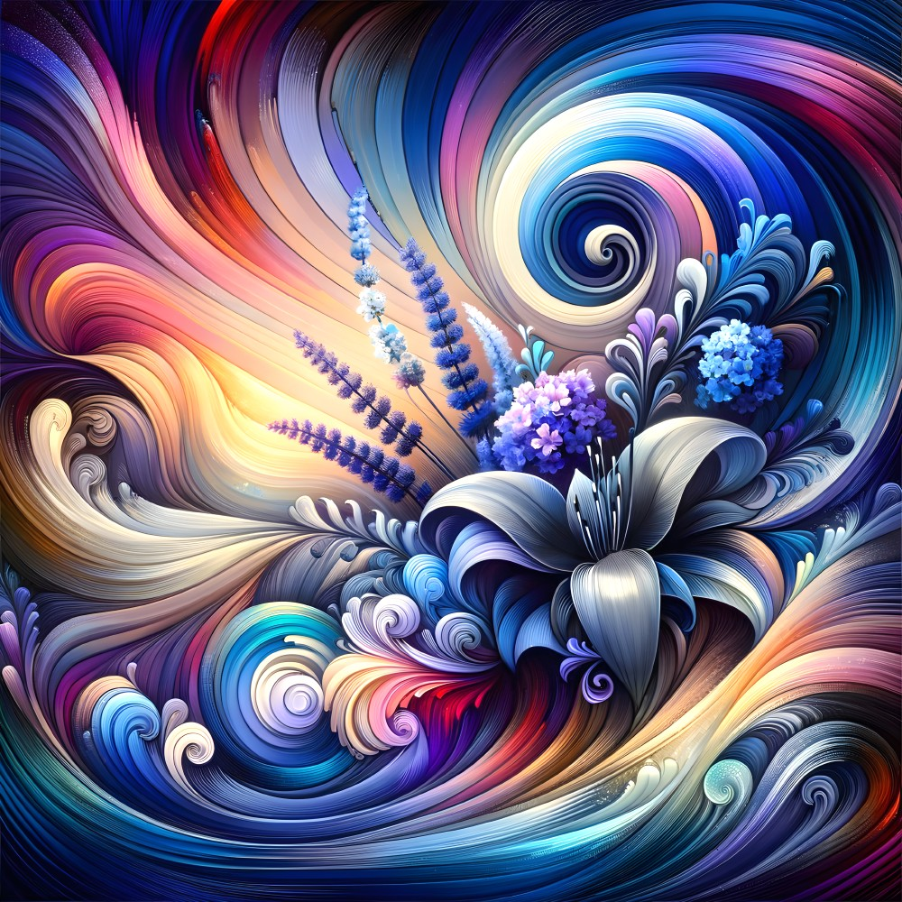 Vibrant Swirling Composition with Floral Elements