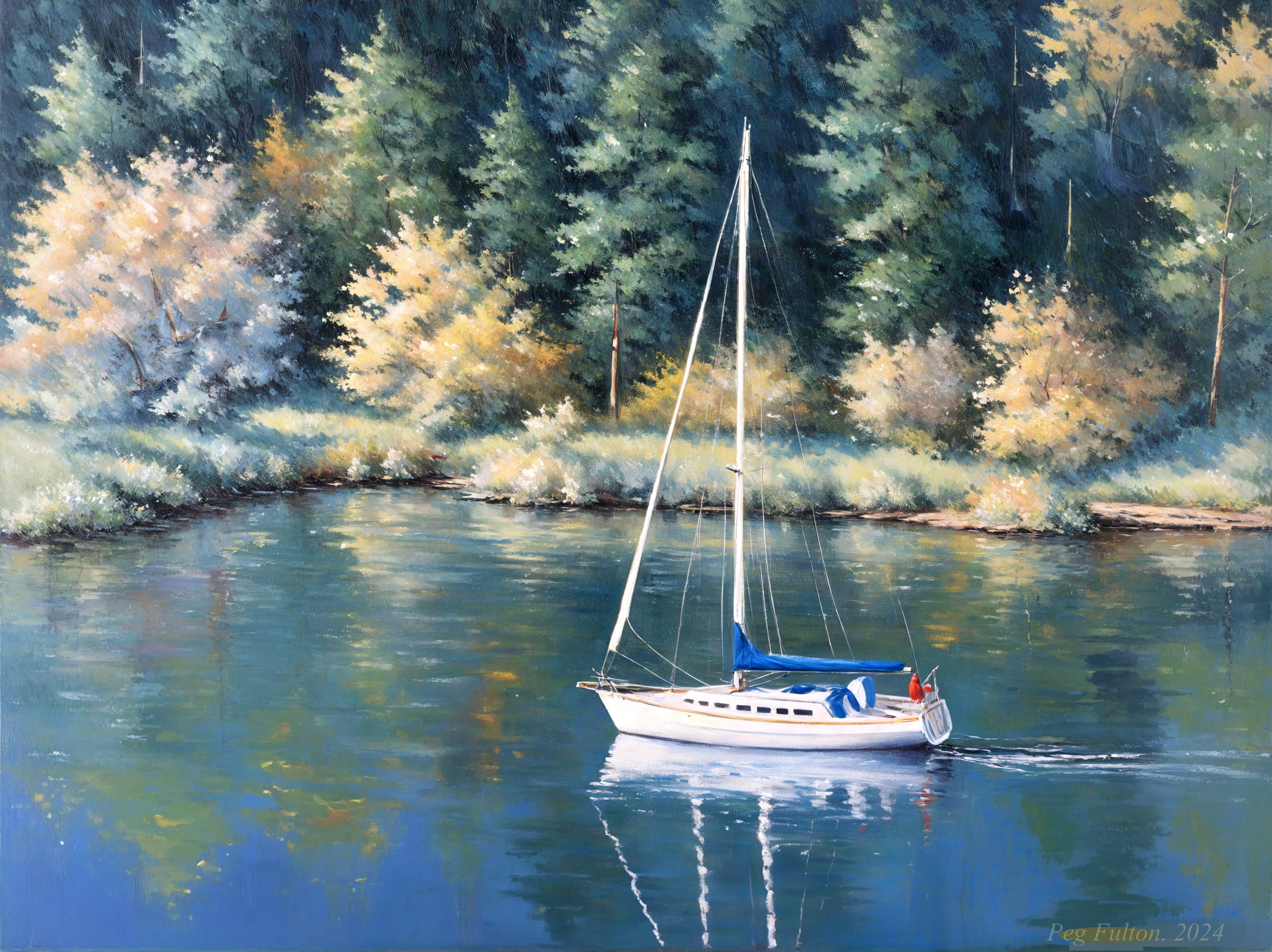 Sailboat on Calm Waters in Autumn Landscape