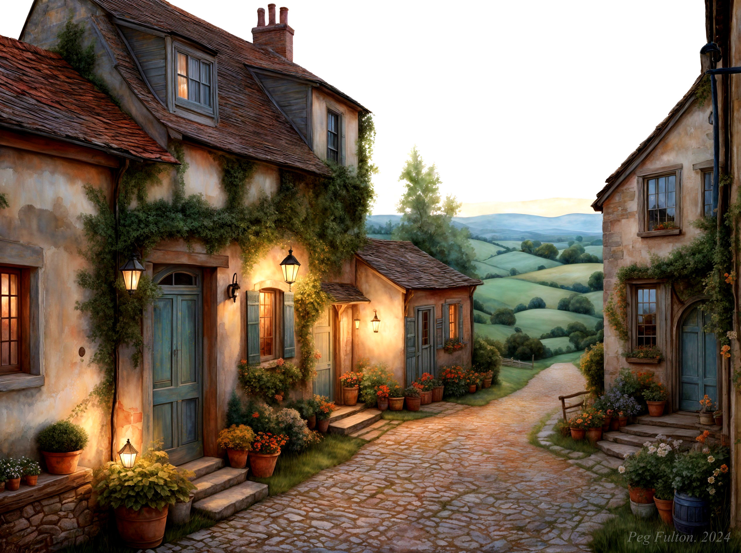Idyllic Village Scene with Cottages at Sunset