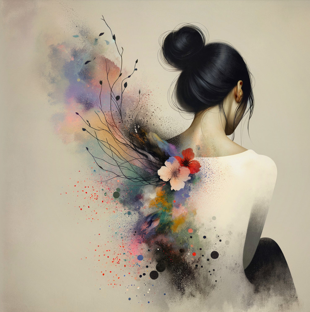 Bun hairstyle woman with colorful splash and floral branches