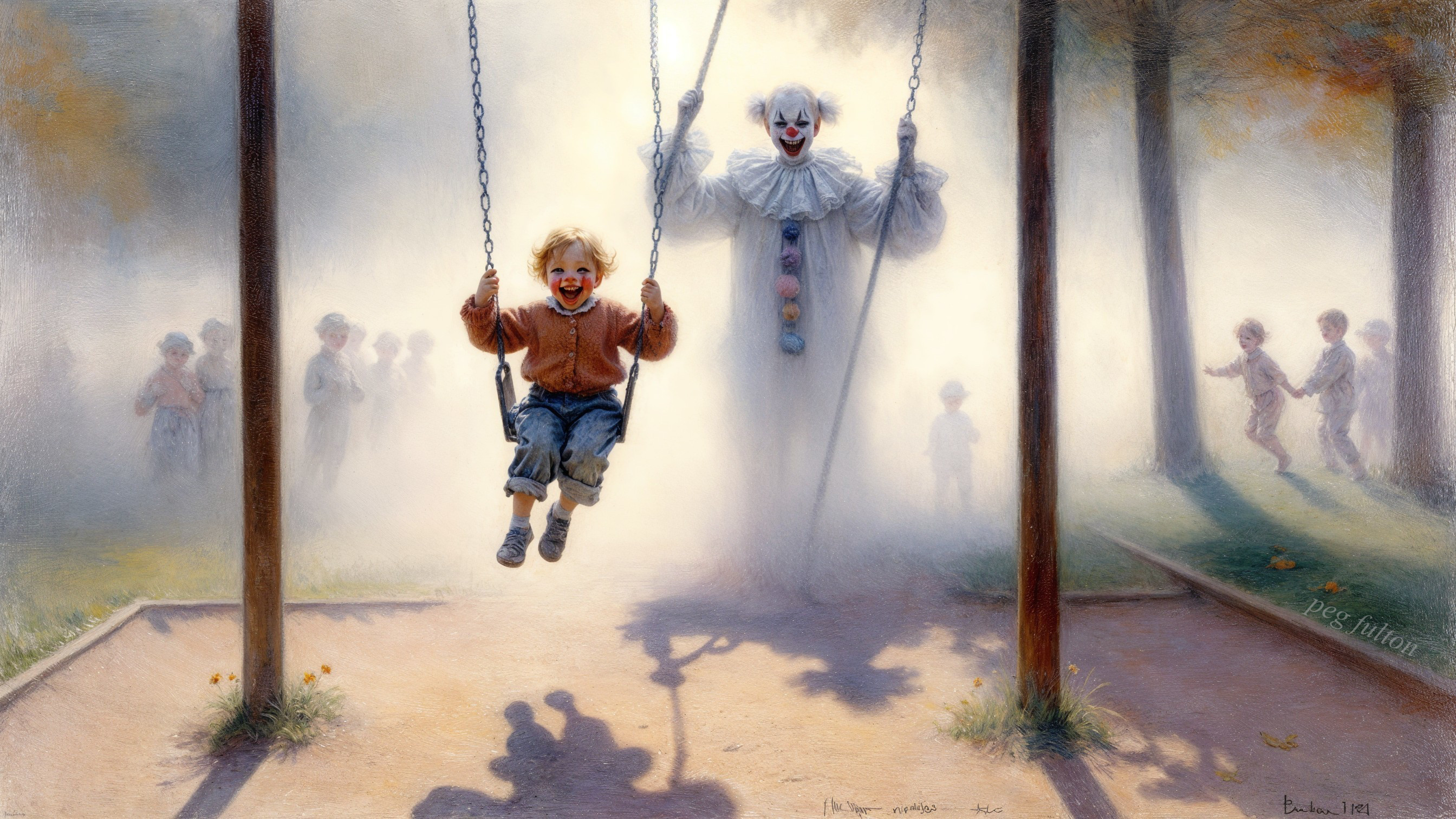 Misty Playground Scene with Joyful Boy and Clown