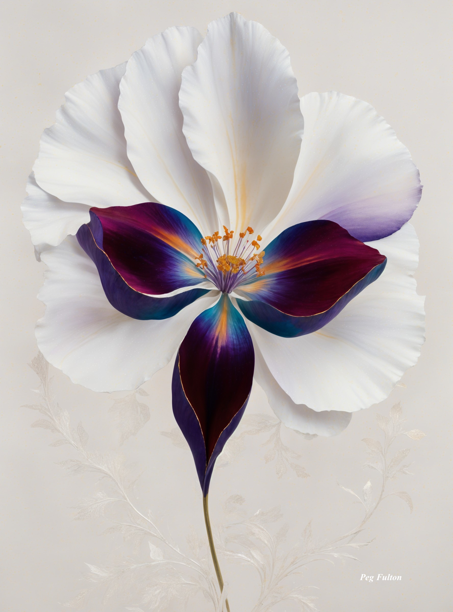Large flower with white petals and vibrant purple center