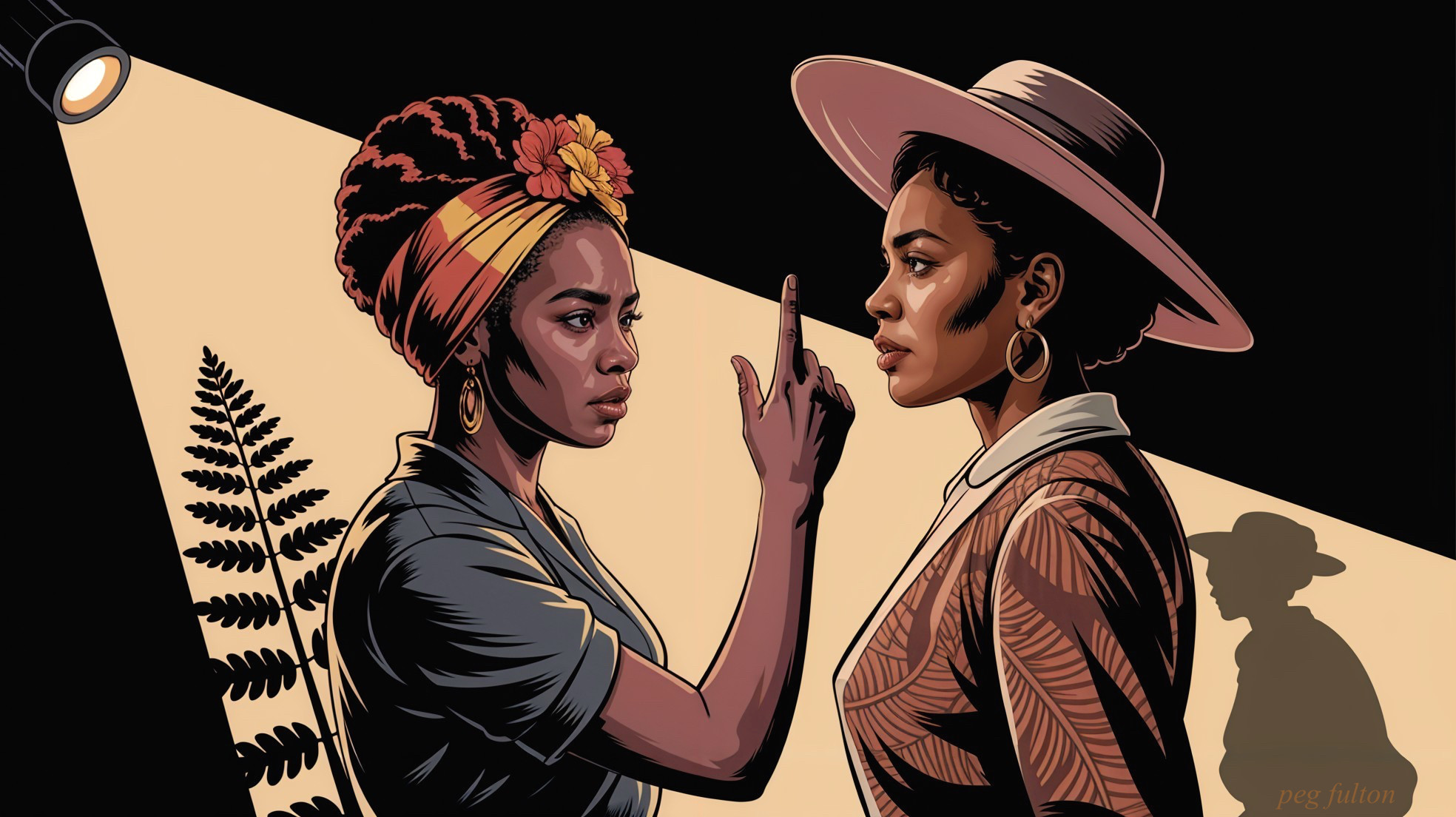 Two Determined Women in Spotlight Against Dark Background