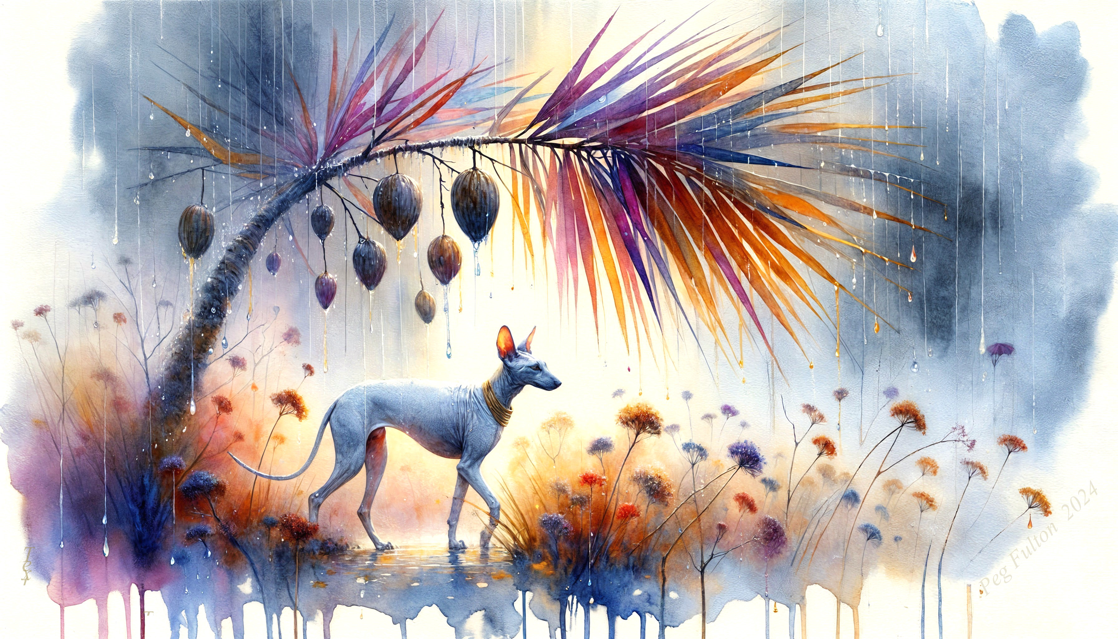 Watercolor Scene of Dog Under Tropical Palm Tree