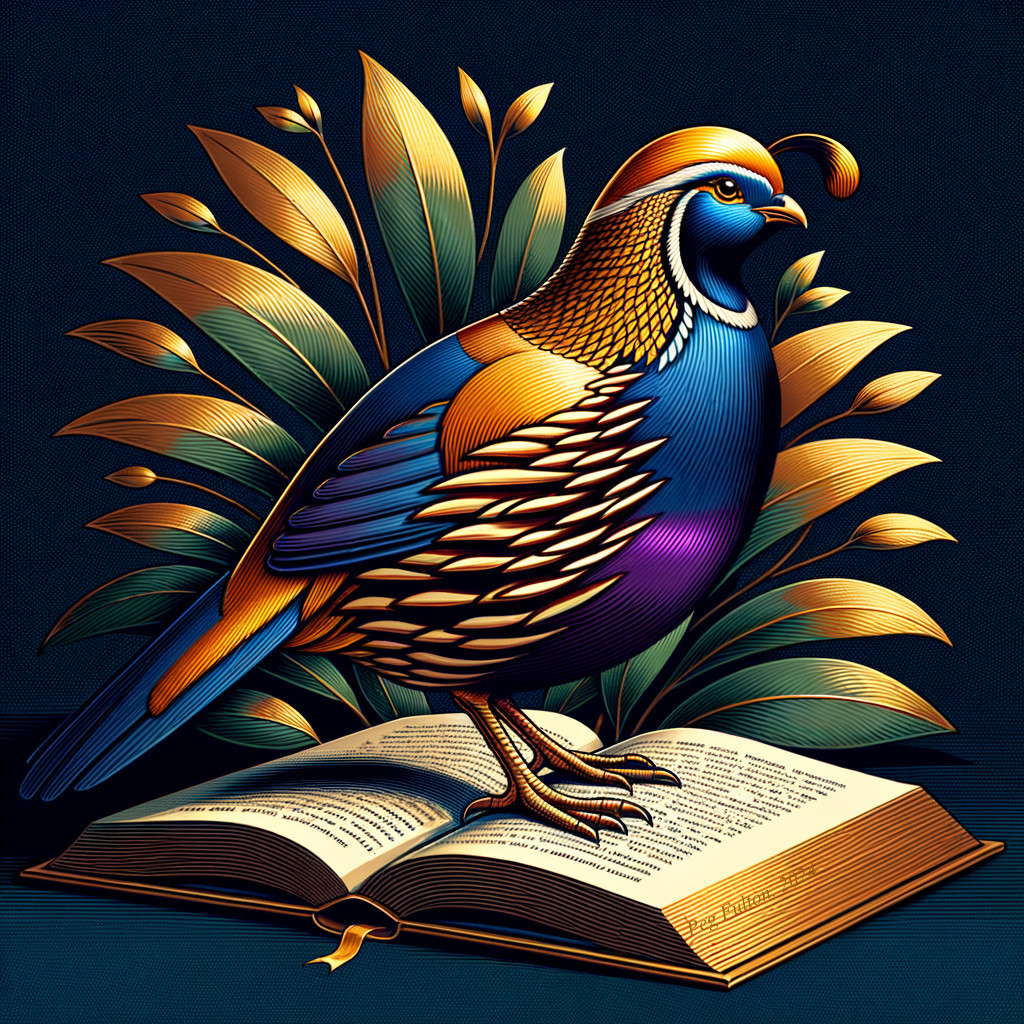 Stylized Quail on Open Book with Green Leaves