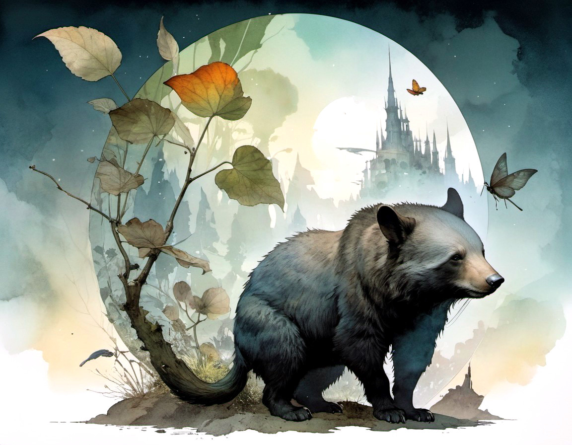 Bear illustration with castle, leaves, butterflies under full moon