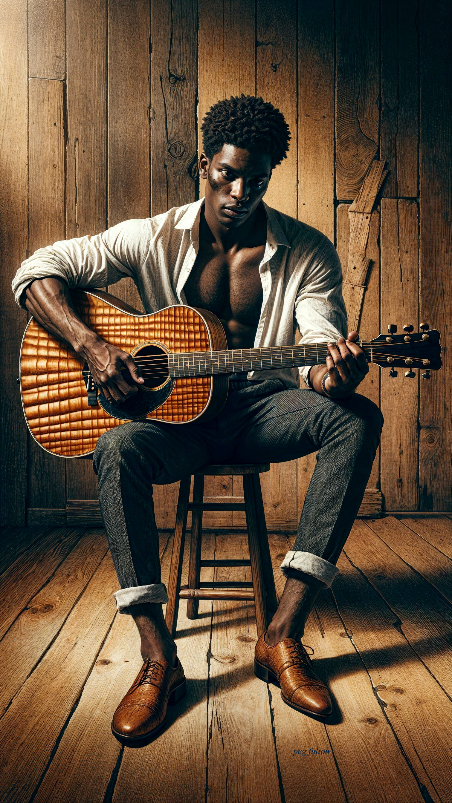 Stylish man playing acoustic guitar on wooden stool