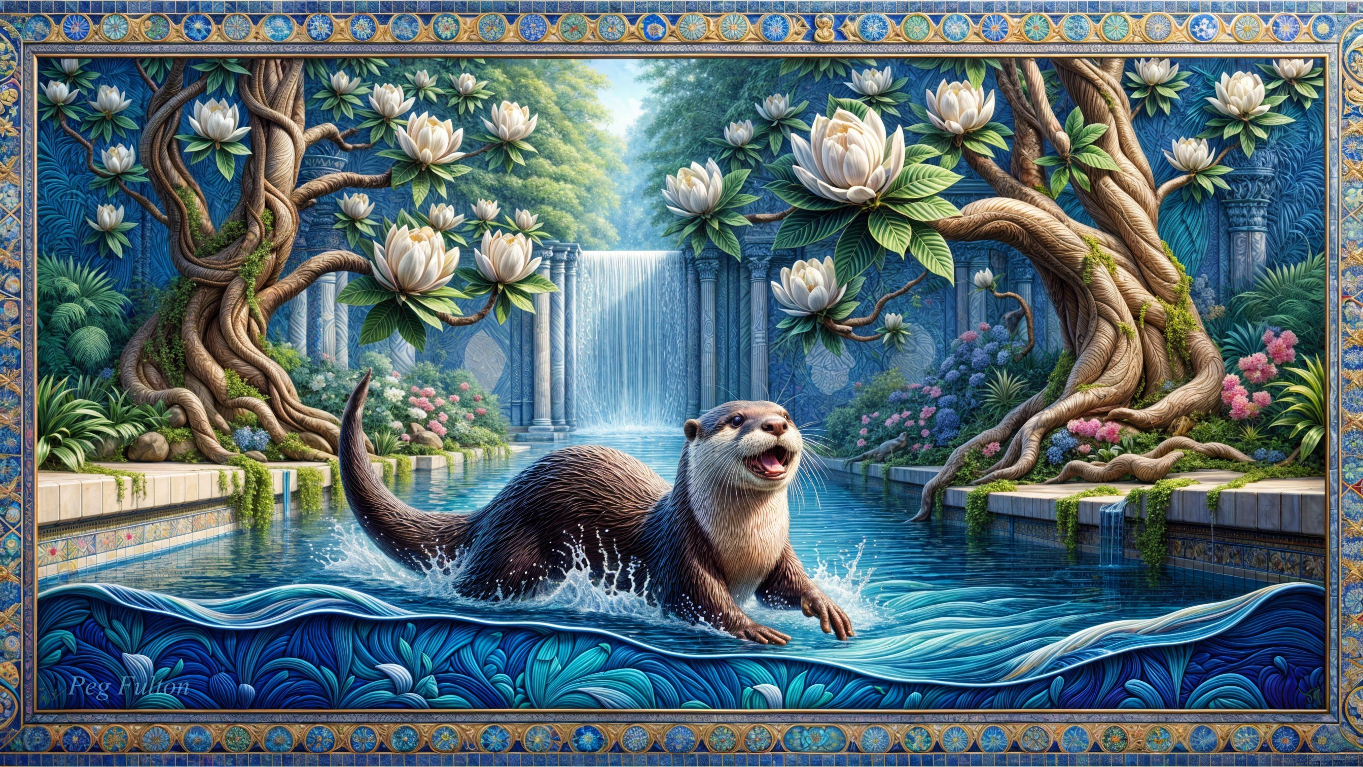 Playful Otter in Serene Waterway with Blooming Trees