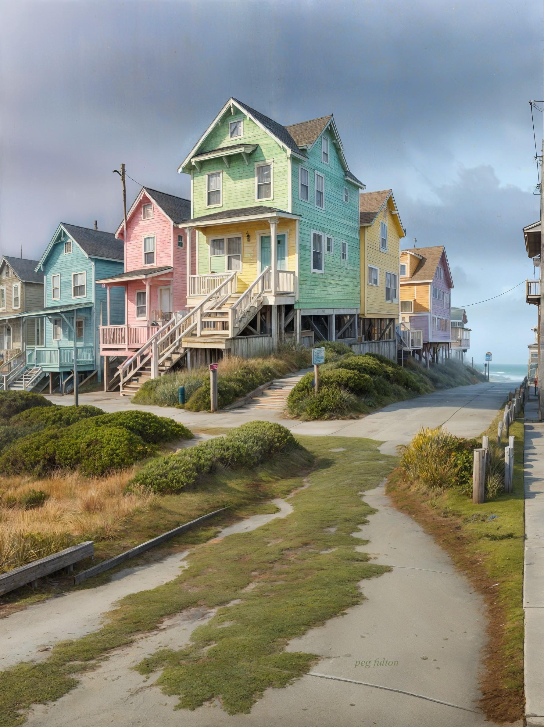 Coastal Scene with Colorful Elevated Houses