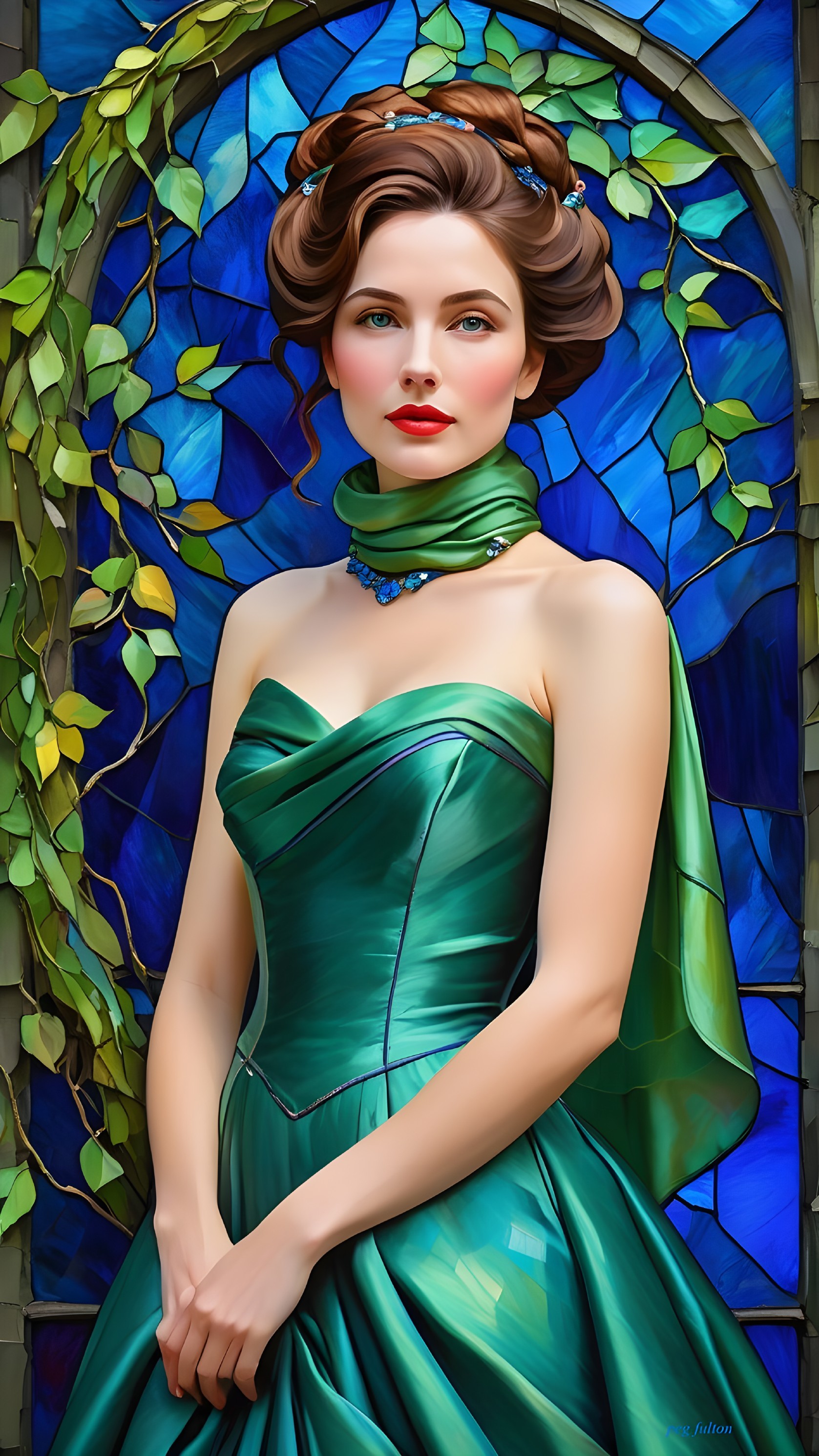 Beautiful woman in green dress with curly hair and jewels