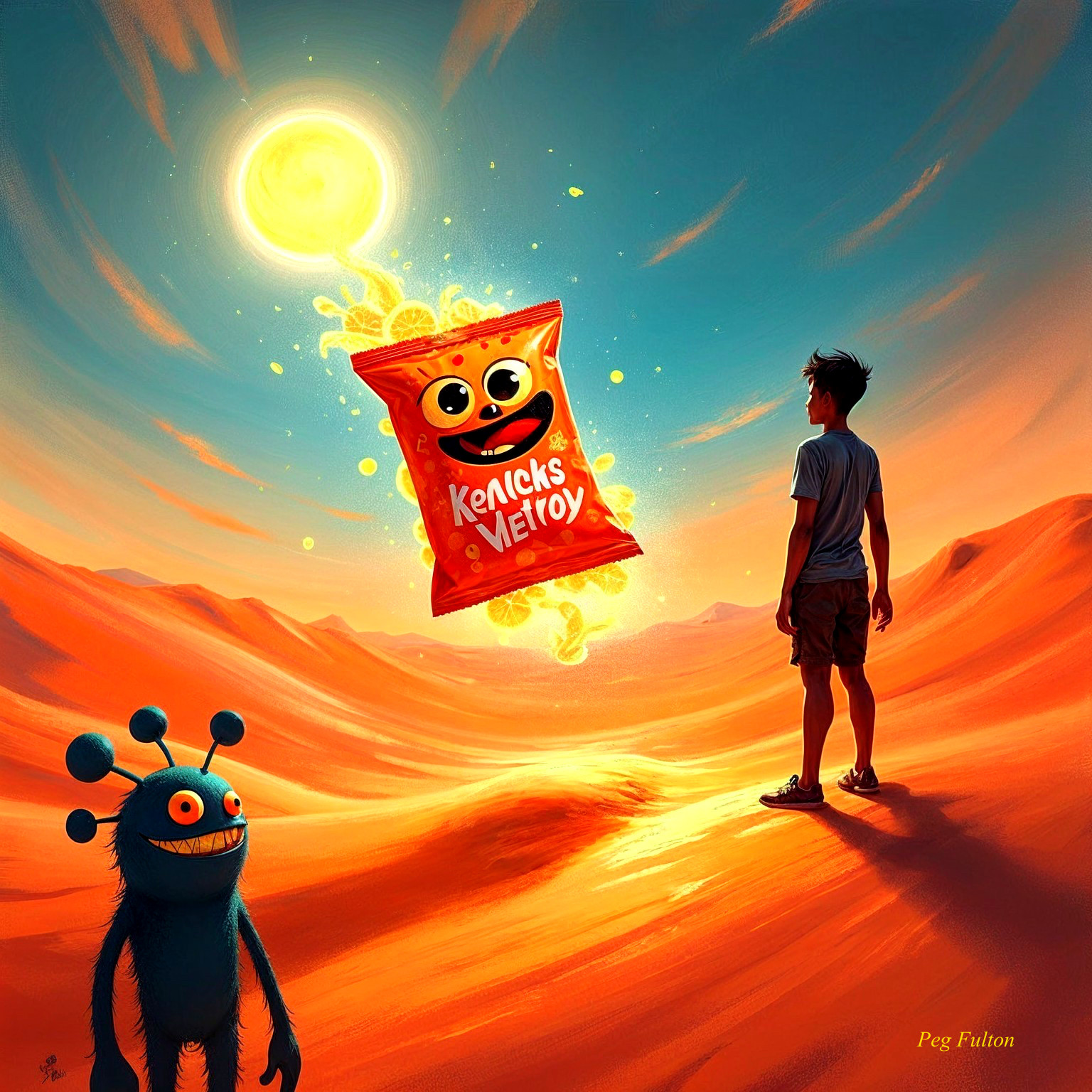 Surreal Desert Scene with Floating Snack Bag and Creature