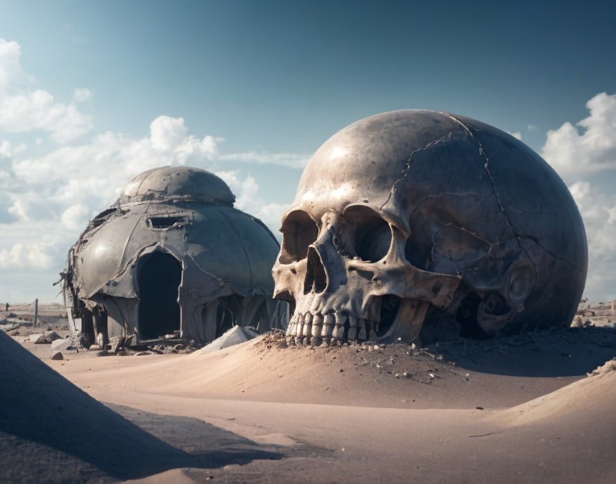 Large Human Skull and Helmet on Sandy Surface: Post-Apocalyptic Surreal Scene