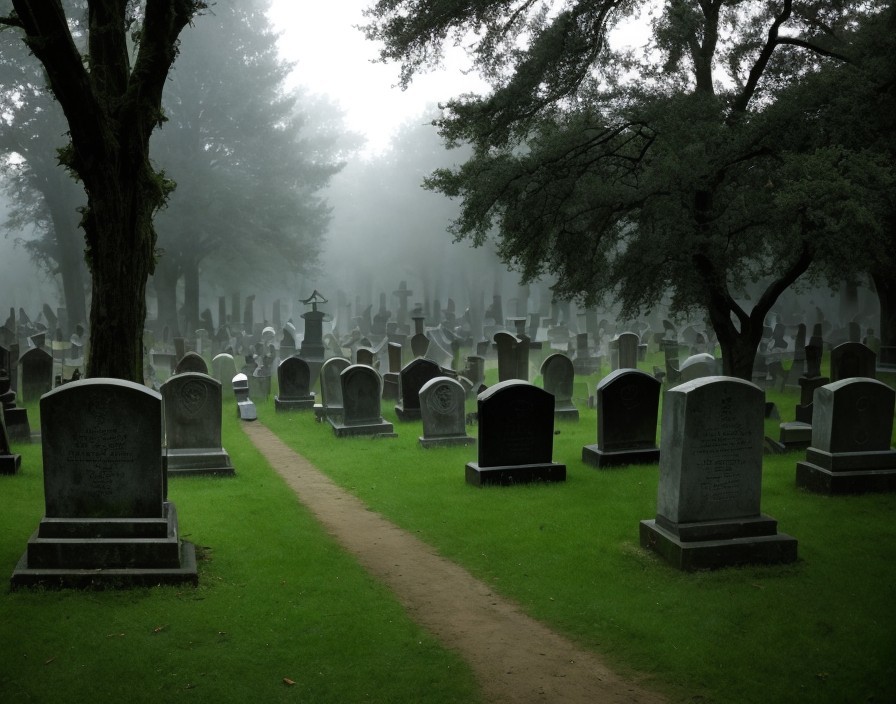 Foggy cemetery path among tombstones and trees
