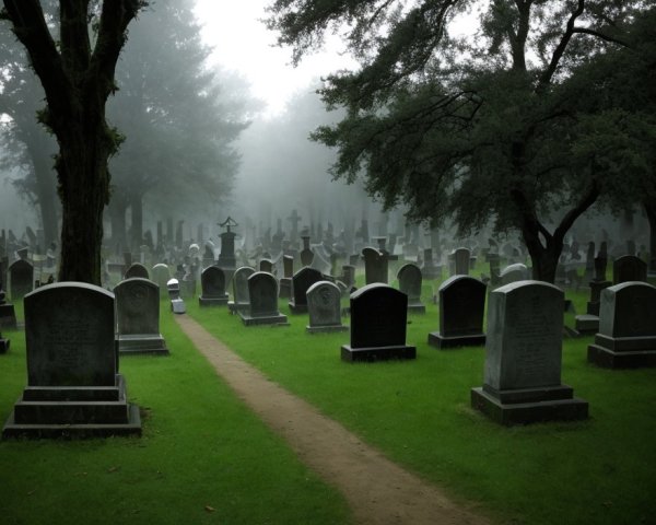 Foggy cemetery path among tombstones and trees