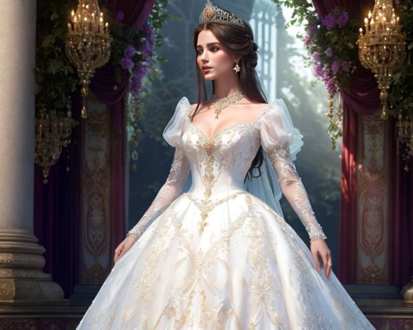 Luxurious white gown with gold jewelry in grand flower hall