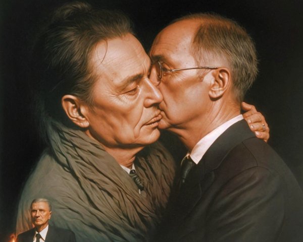 Two older men kissing, observed by a third man.