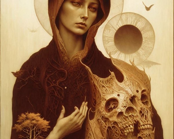 Ethereal painting of woman with halo and carved skull, birds, and golden sun