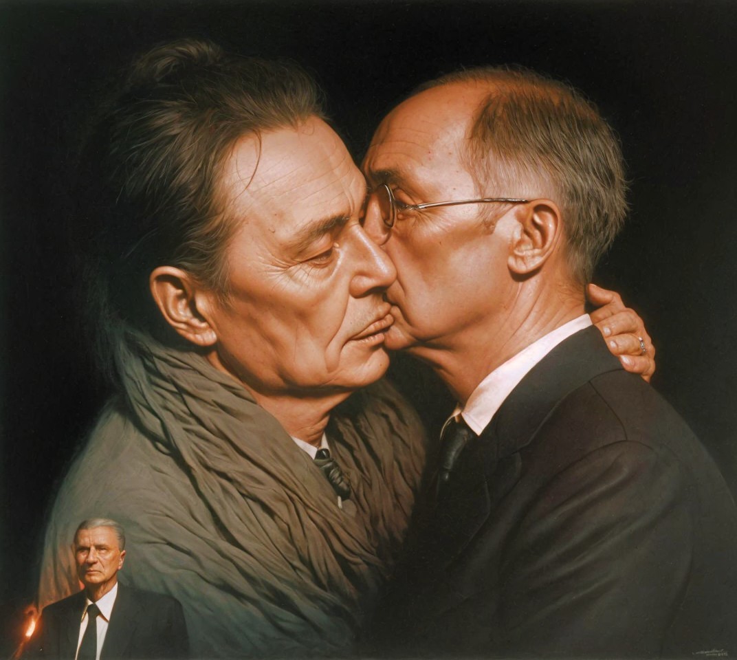 Two older men kissing, observed by a third man.