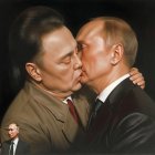 Two older men kissing, observed by a third man.